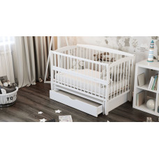 Кроватка детская "Элит" ящик, шарнир-подшипник с откидной боковиной, дерево бук (белый)