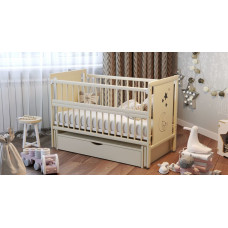 Кроватка детская "Медвежонок" ящик, шарнир-подшипник с откидной боковиной, дерево бук (слоновая кость)