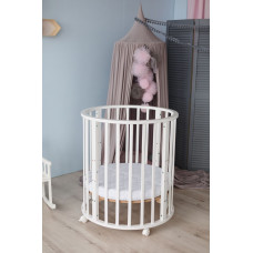 Кроватка детская овальная Smart Bed 8 в 1 (бук, колеса, маятник, матрас-трансформер в комплекте) белый