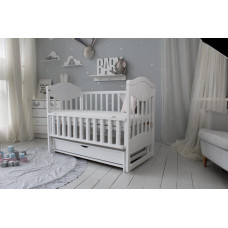 Кроватка детская Baby Comfort ЛД9 ящик, шарнир-подшипник + фиксатор, с откидной боковиной, дерево бук (белый)