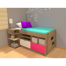 Детская невысокая кровать чердак с полочками и выдвижными ящиками